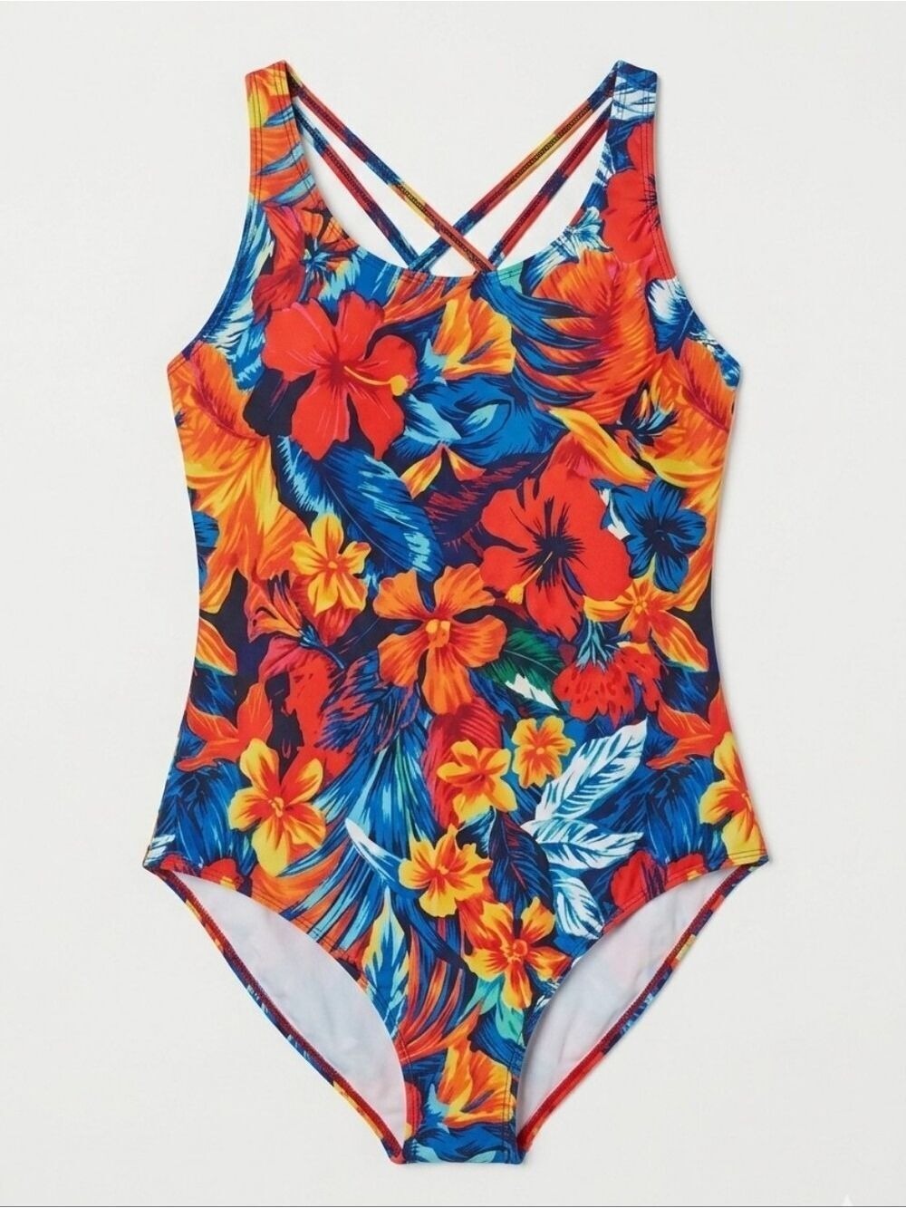 Tropical Floral One-Piece Swimsuit, Small, Criss Cross Straps in Back, Cups, NIB